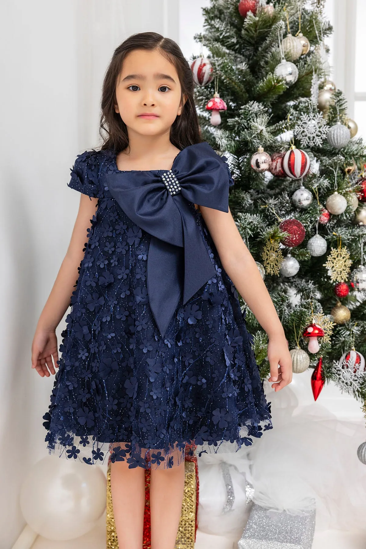 Kids Dresses Trapeze Navy Dress with a Bow