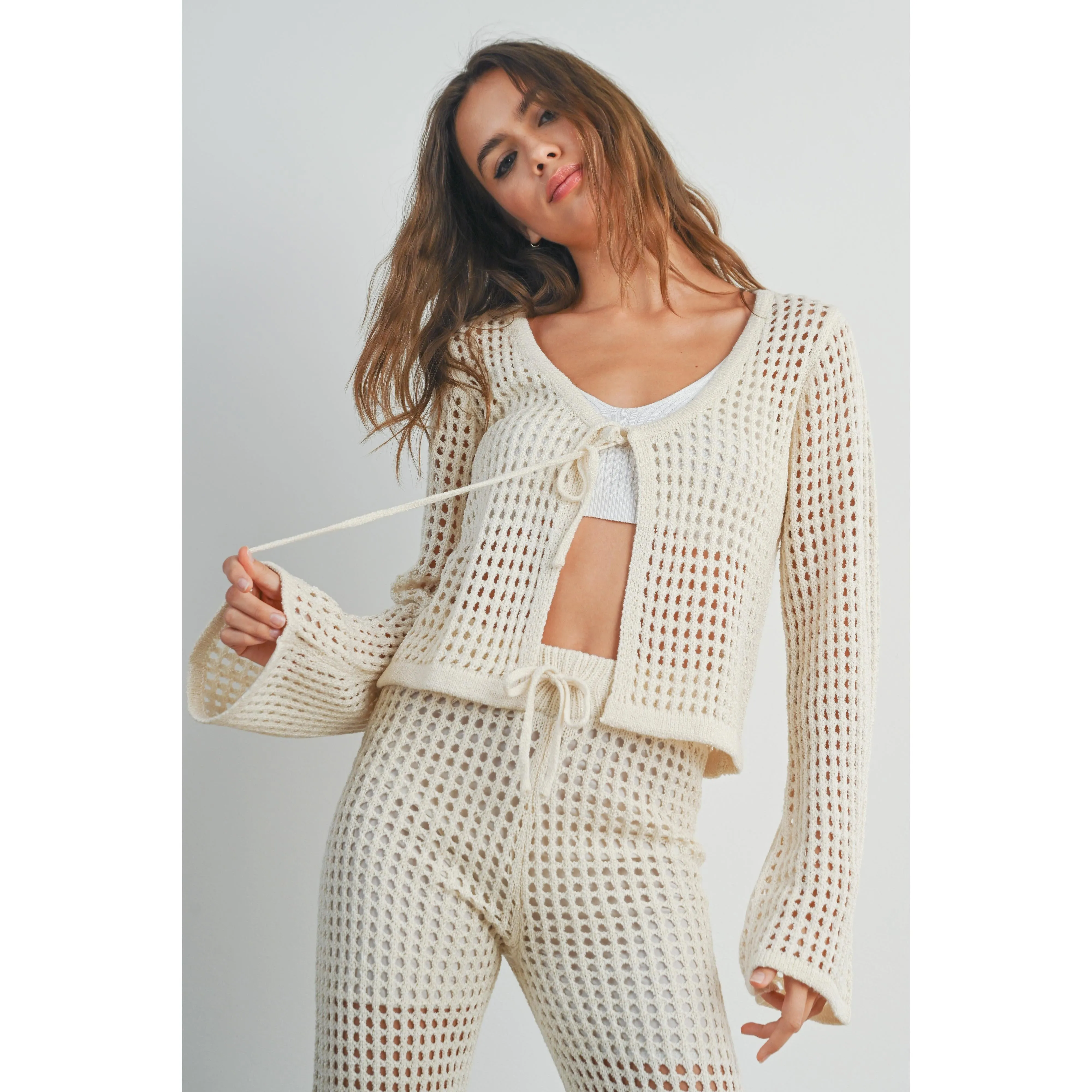 Knitted Long Sleeve Tie Front Cardigan || Ivory