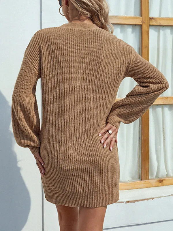 Knitted Sweater Dress with V-Neck and Lantern Sleeves