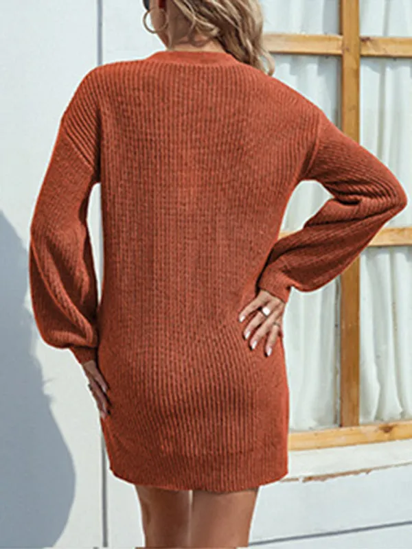 Knitted Sweater Dress with V-Neck and Lantern Sleeves