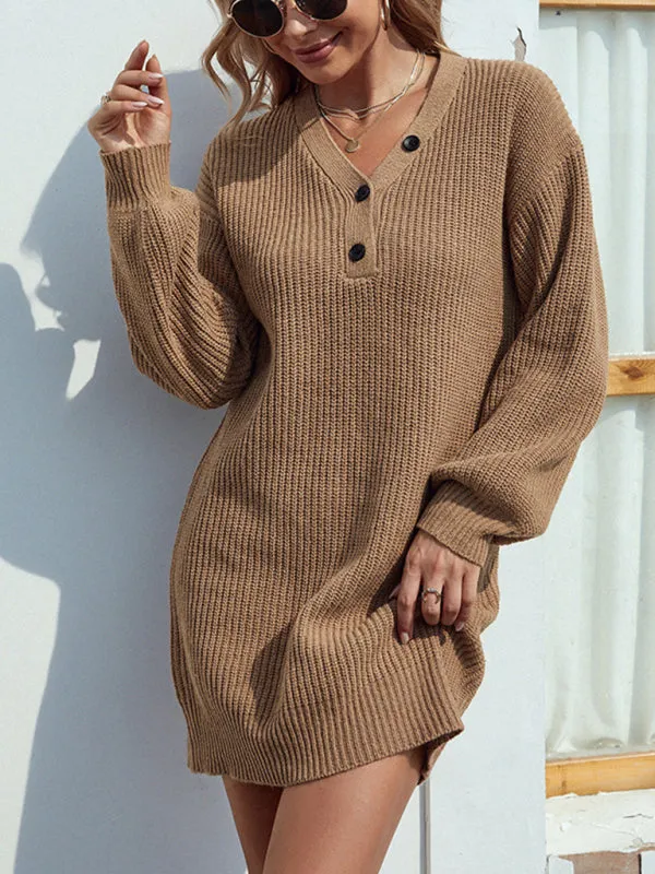 Knitted Sweater Dress with V-Neck and Lantern Sleeves