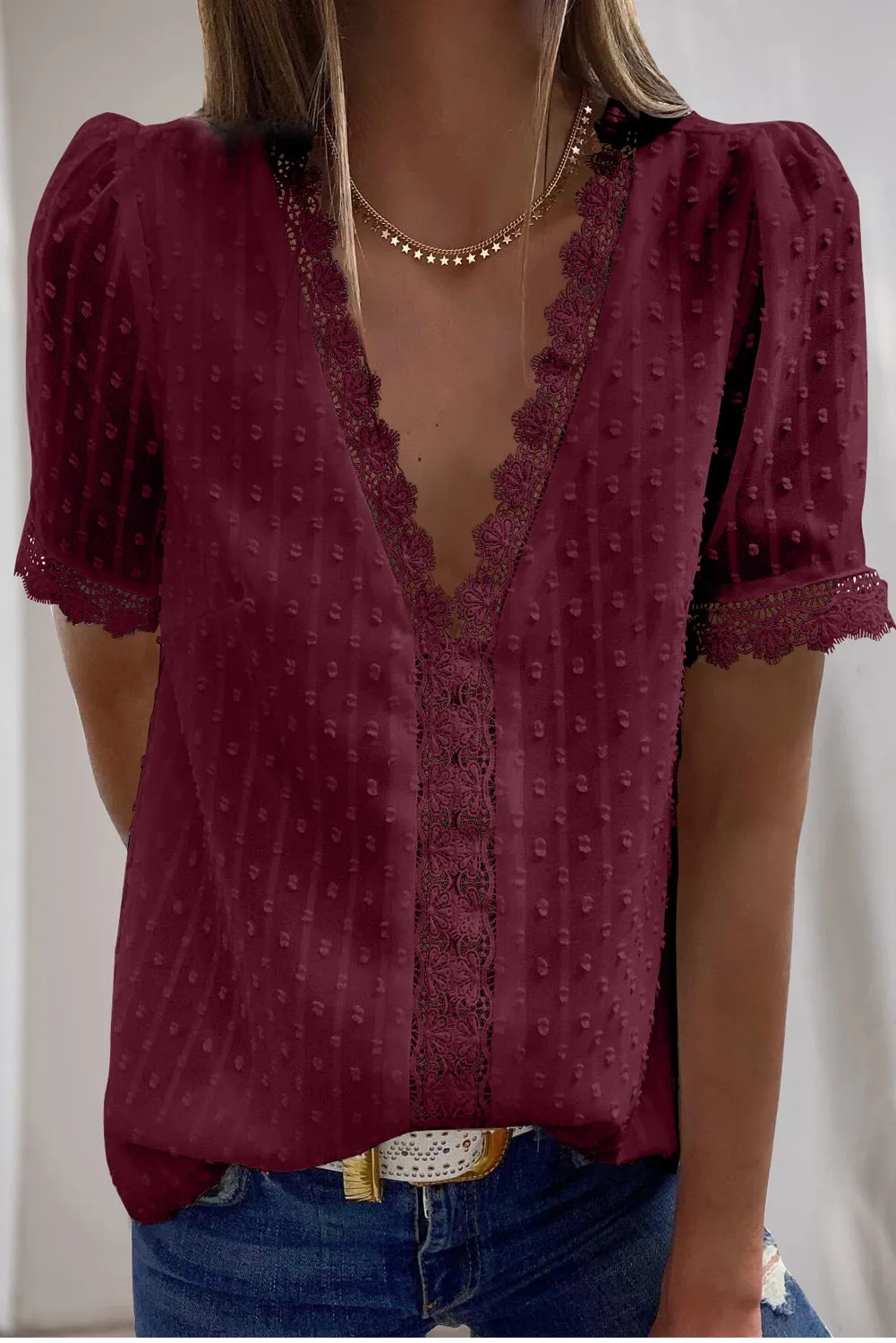 Lace Splicing V-Neck Swiss Dot Short Sleeve Top