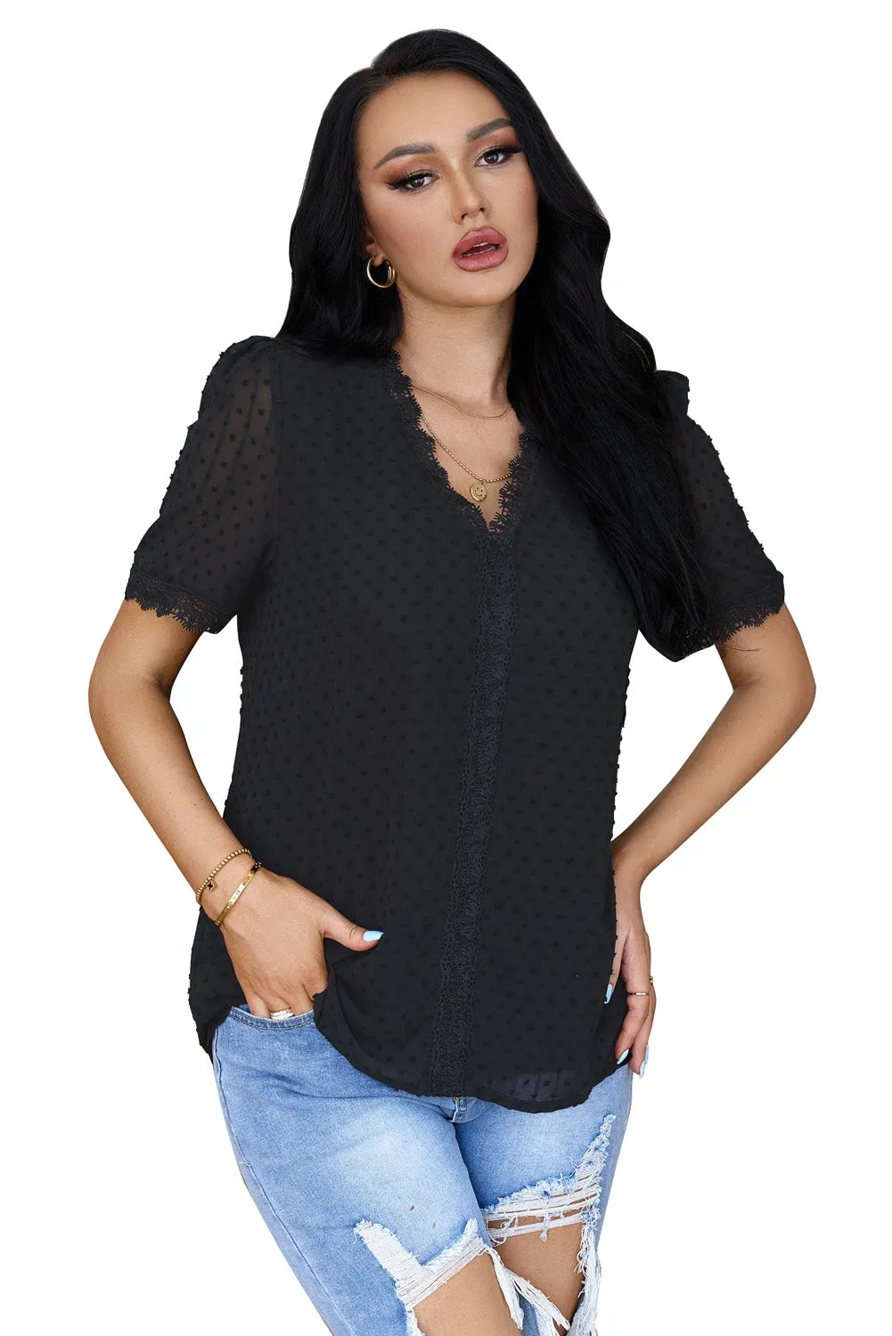 Lace Splicing V-Neck Swiss Dot Short Sleeve Top