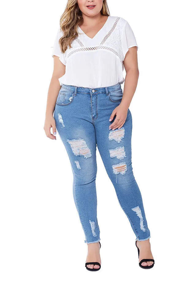 Large Size Jeans Female Hole-breaking Stretched Slim Ladies Jeans