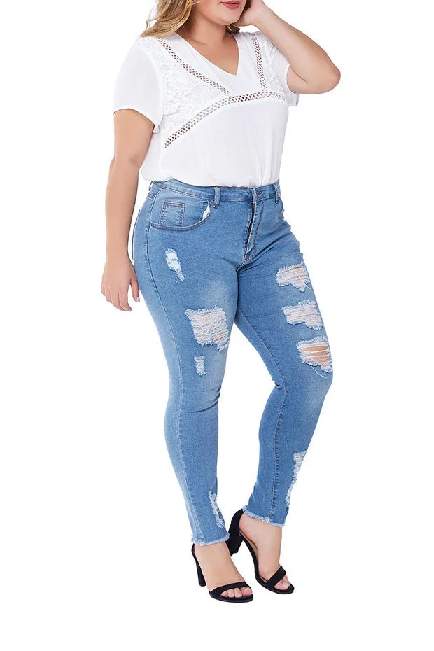 Large Size Jeans Female Hole-breaking Stretched Slim Ladies Jeans