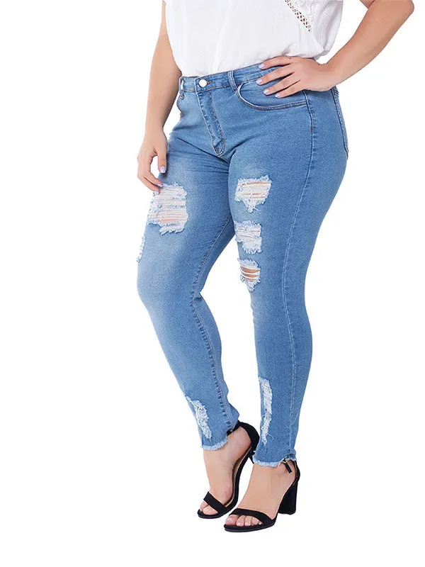 Large Size Jeans Female Hole-breaking Stretched Slim Ladies Jeans