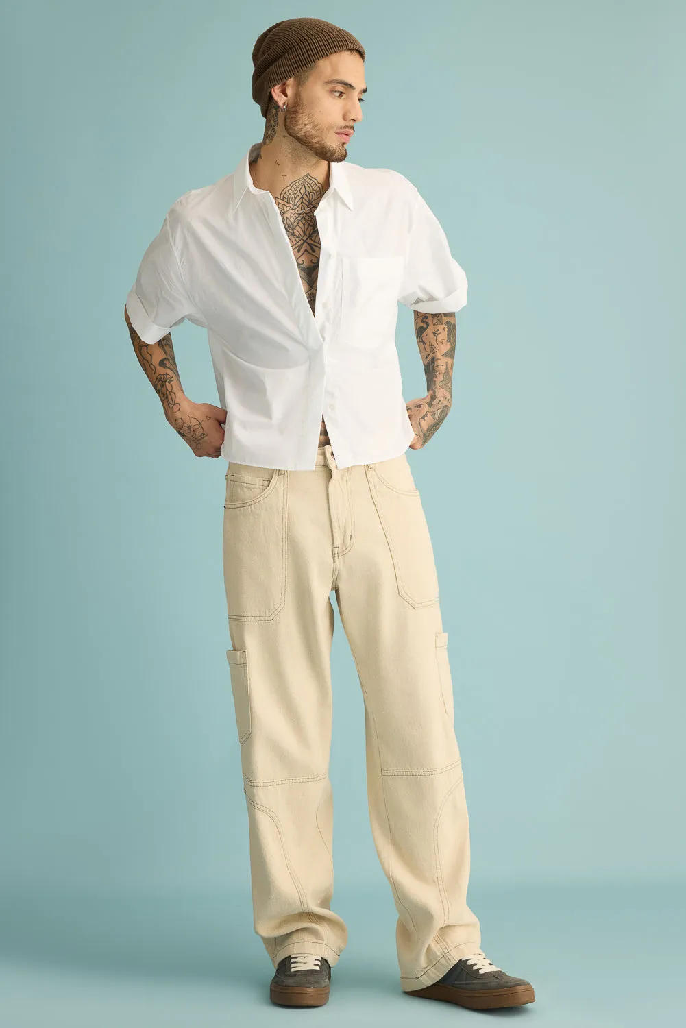 Latte Contrast Cargo Men's Wide Jeans