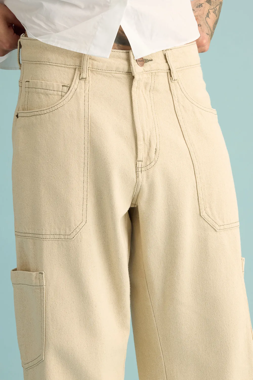Latte Contrast Cargo Men's Wide Jeans
