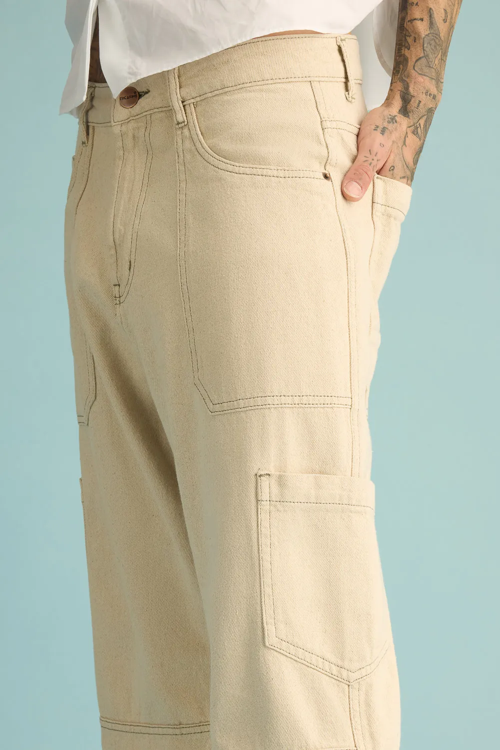 Latte Contrast Cargo Men's Wide Jeans
