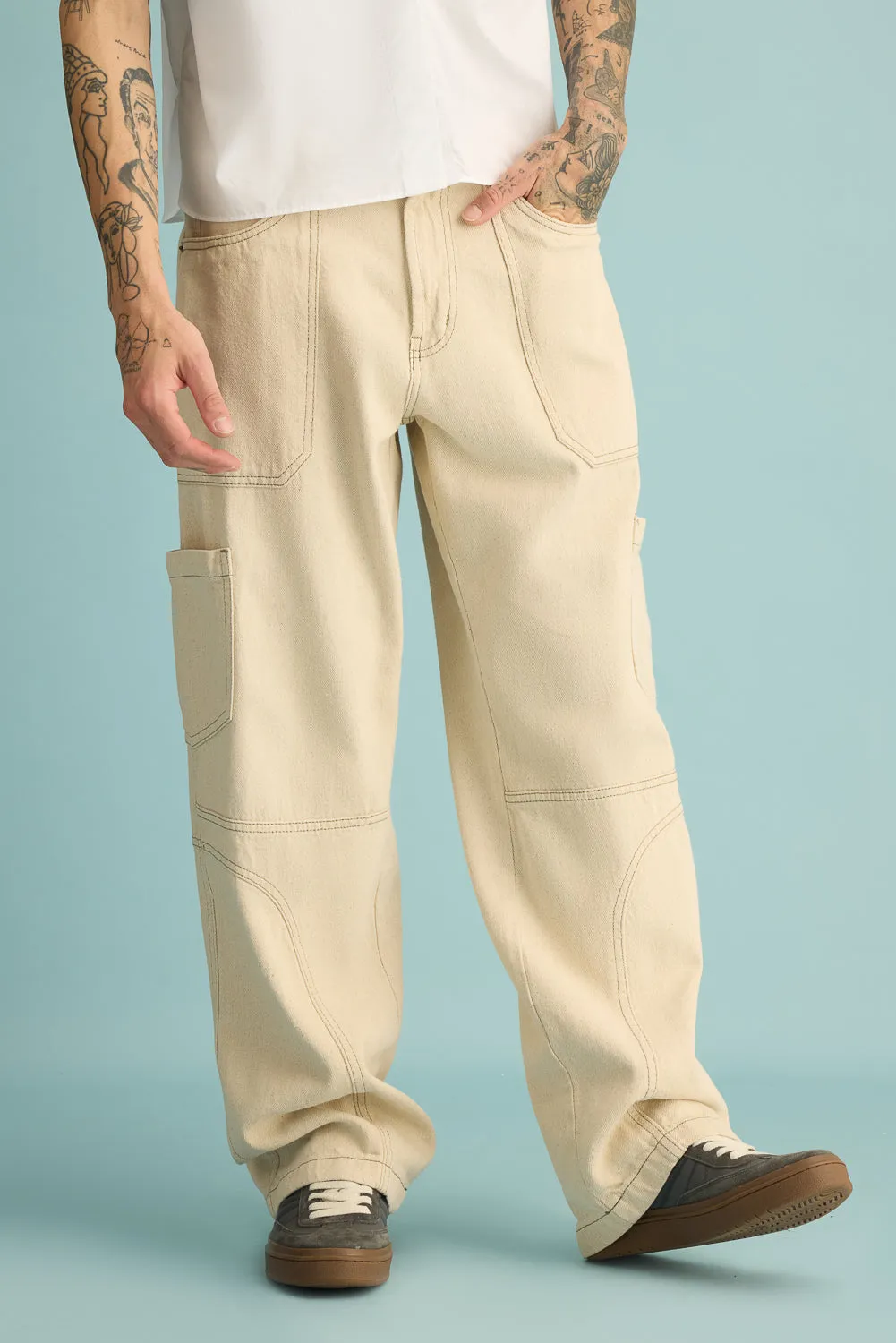 Latte Contrast Cargo Men's Wide Jeans
