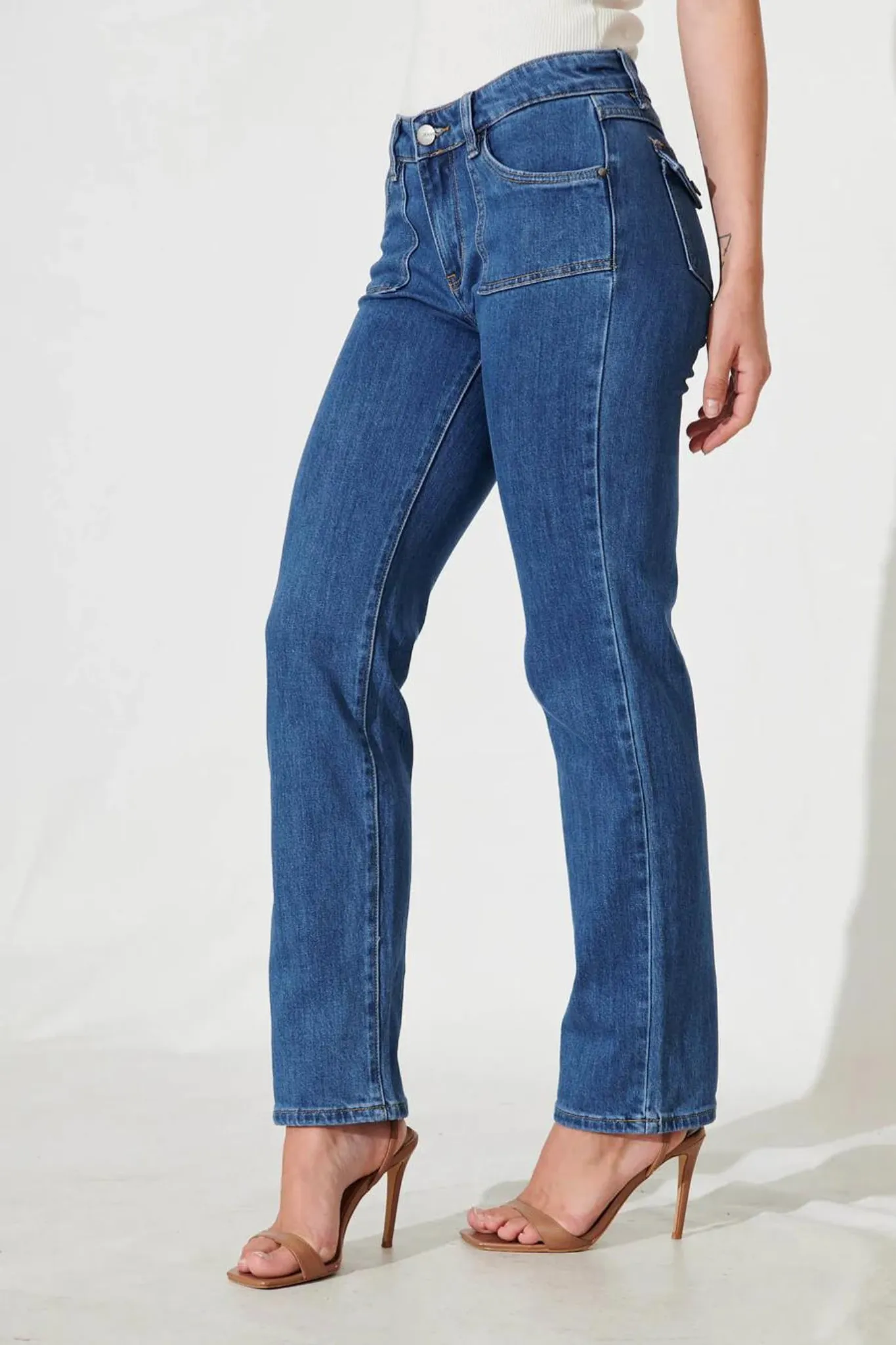 Lea Jeans - Mid Rise Straight Leg Jean In Mid Blue Denim