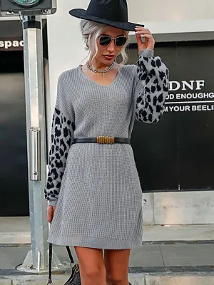 Leopard Print Long Sleeve V-Neck Sweater Dress with Knit Texture