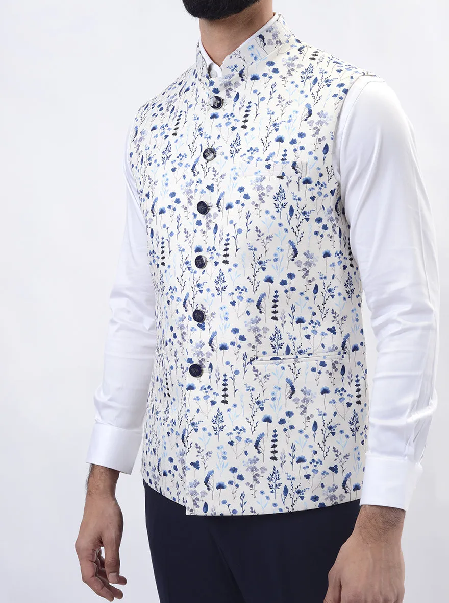 Light Blue Printed Regular Fit Bandhgala Jacket | Greenfibre