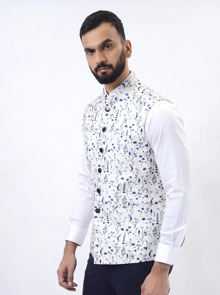 Light Blue Printed Regular Fit Bandhgala Jacket | Greenfibre