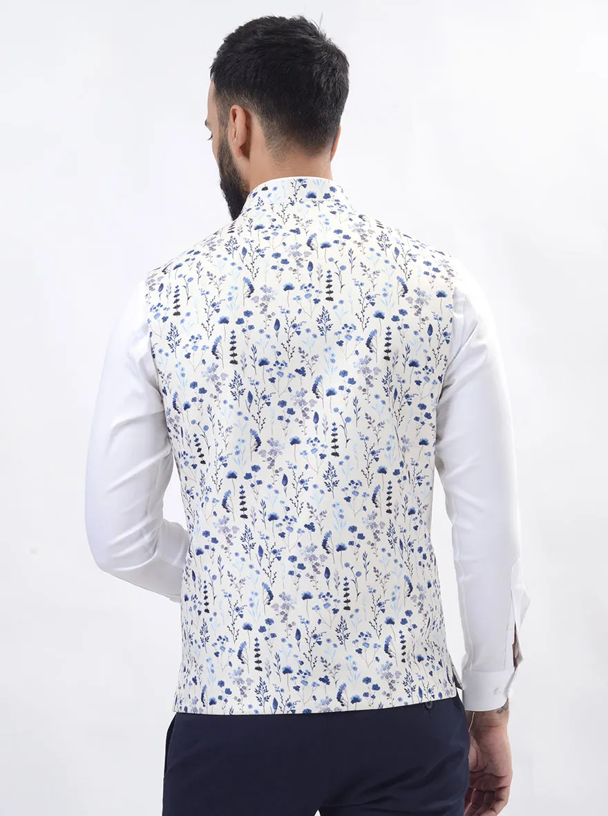 Light Blue Printed Regular Fit Bandhgala Jacket | Greenfibre