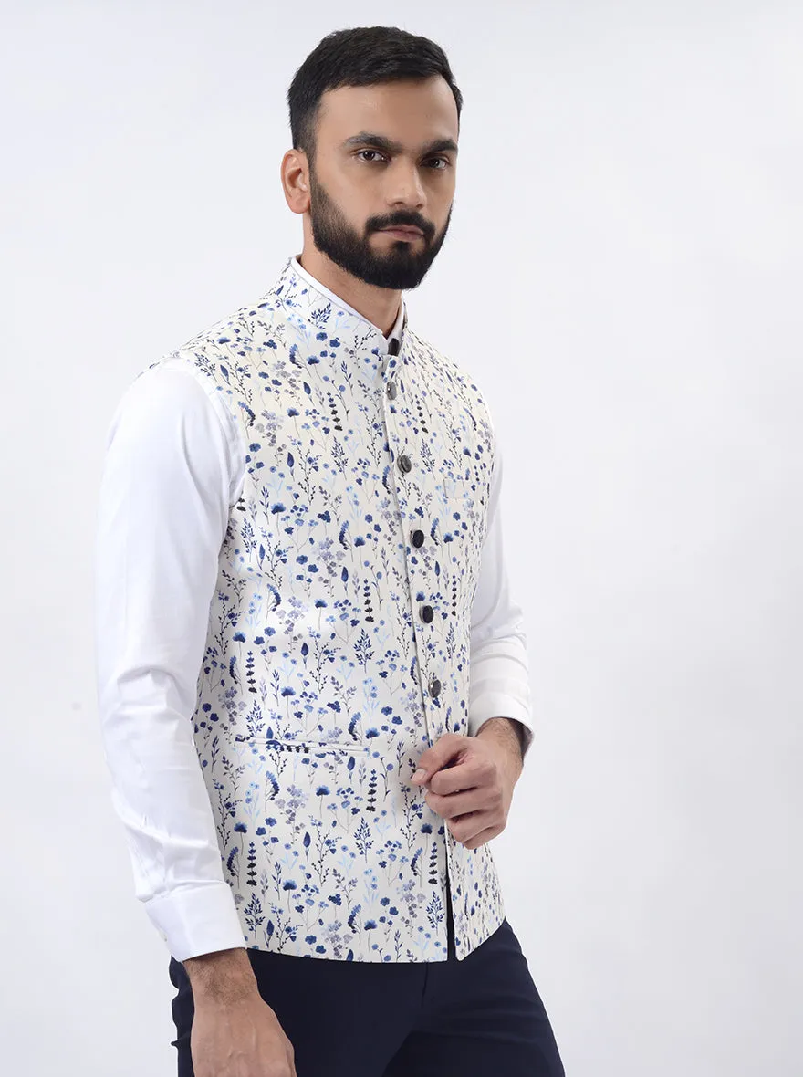 Light Blue Printed Regular Fit Bandhgala Jacket | Greenfibre