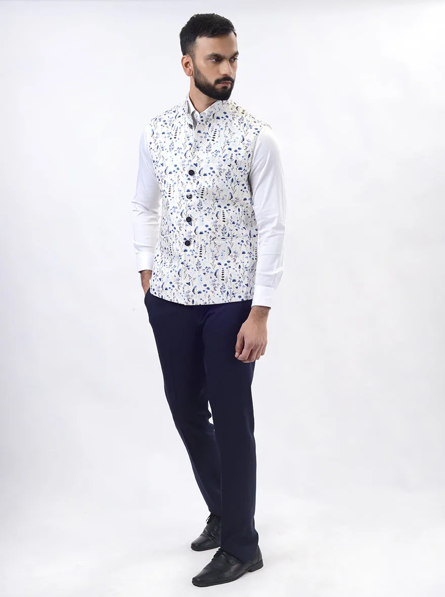 Light Blue Printed Regular Fit Bandhgala Jacket | Greenfibre