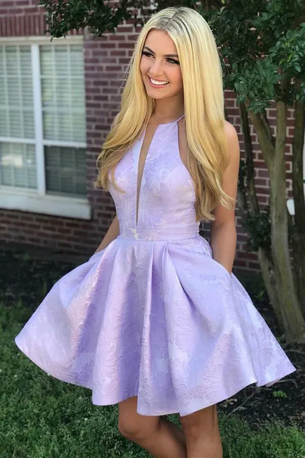 Lilac Floral Jacquard Halter Homecoming Dresses with Pocket Graduation Dress, SH411