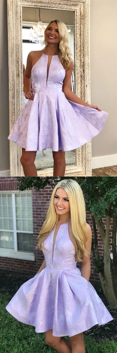 Lilac Floral Jacquard Halter Homecoming Dresses with Pocket Graduation Dress, SH411