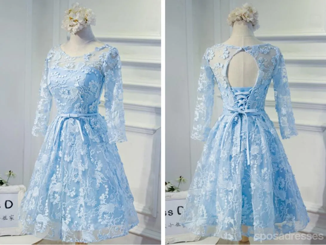 Long Sleeve Blue Open back Lace Cute Homecoming Prom Dresses, Affordable Short Party Prom Dresses, Perfect Homecoming Dresses, CM314