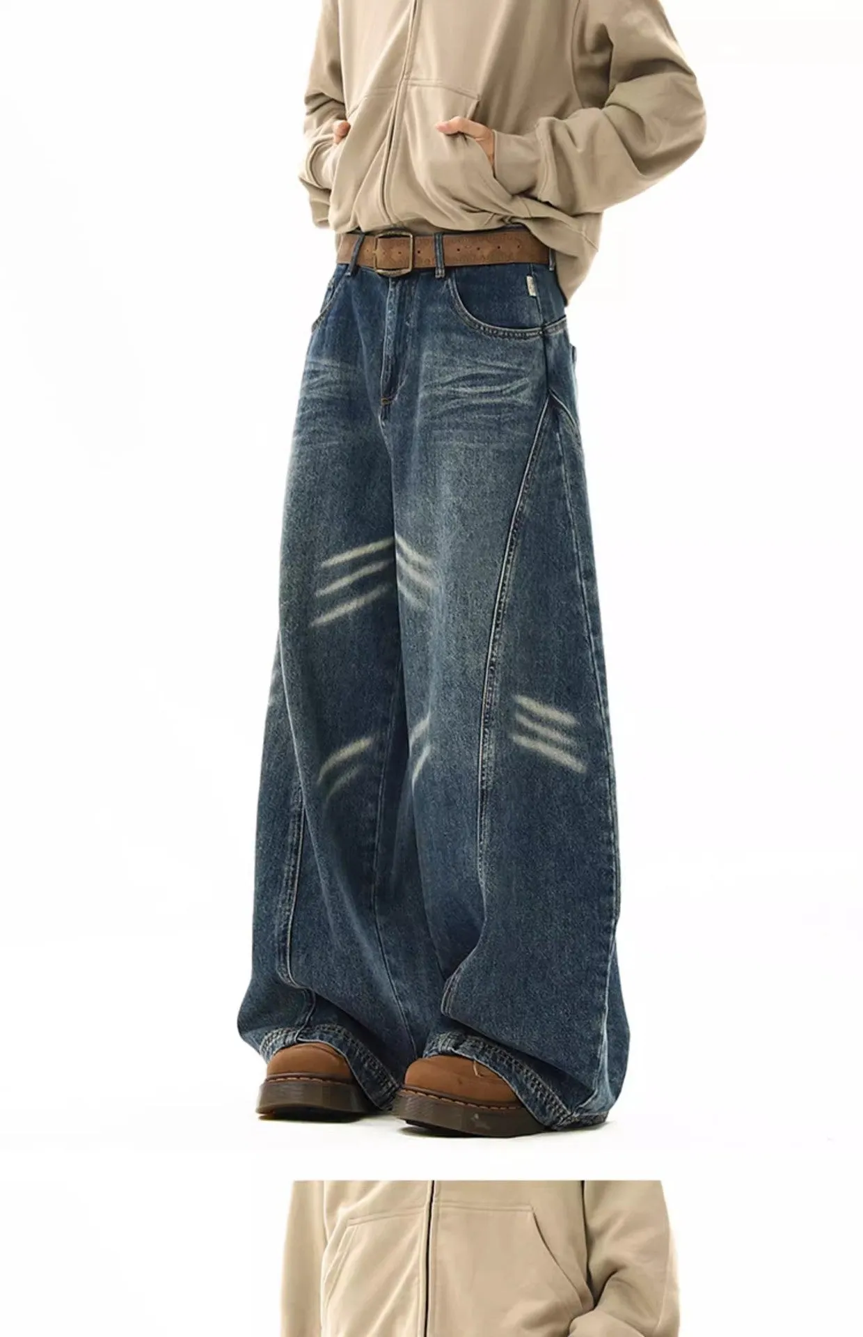 Loose Fit Straight Wide Leg Jeans for Men with Curved Knife Design