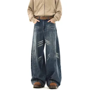 Loose Fit Straight Wide Leg Jeans for Men with Curved Knife Design