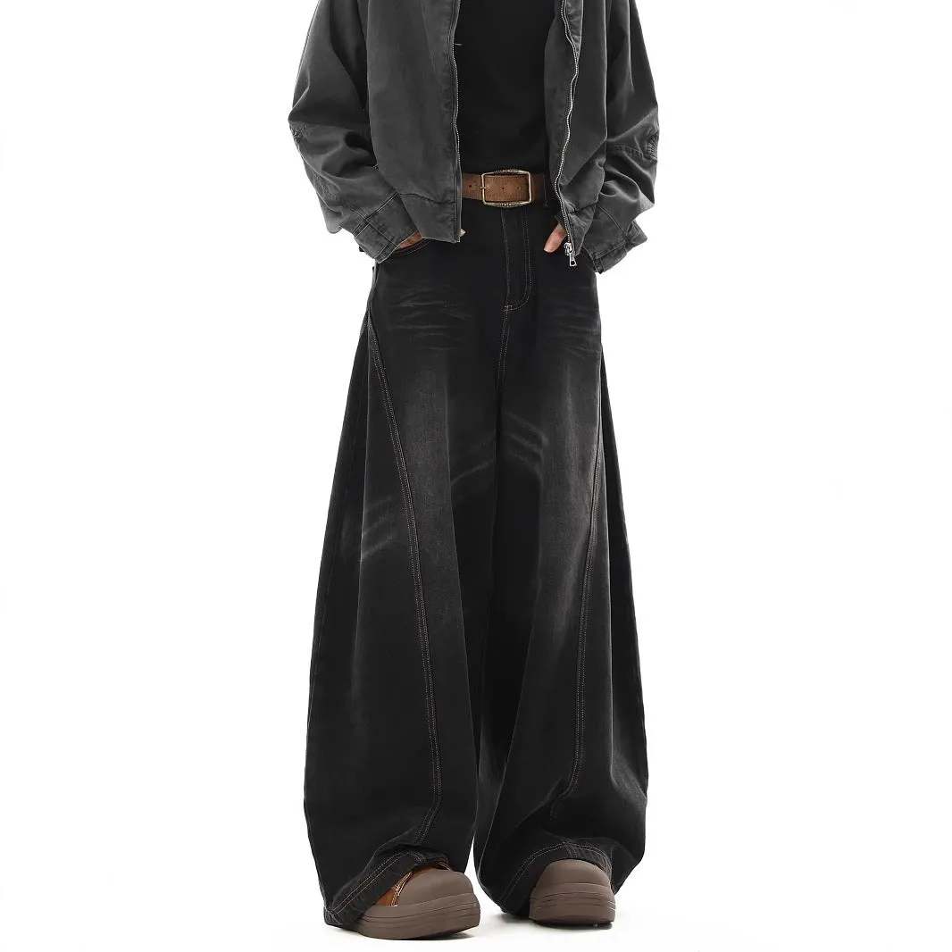 Loose Fit Straight Wide Leg Jeans for Men with Curved Knife Design
