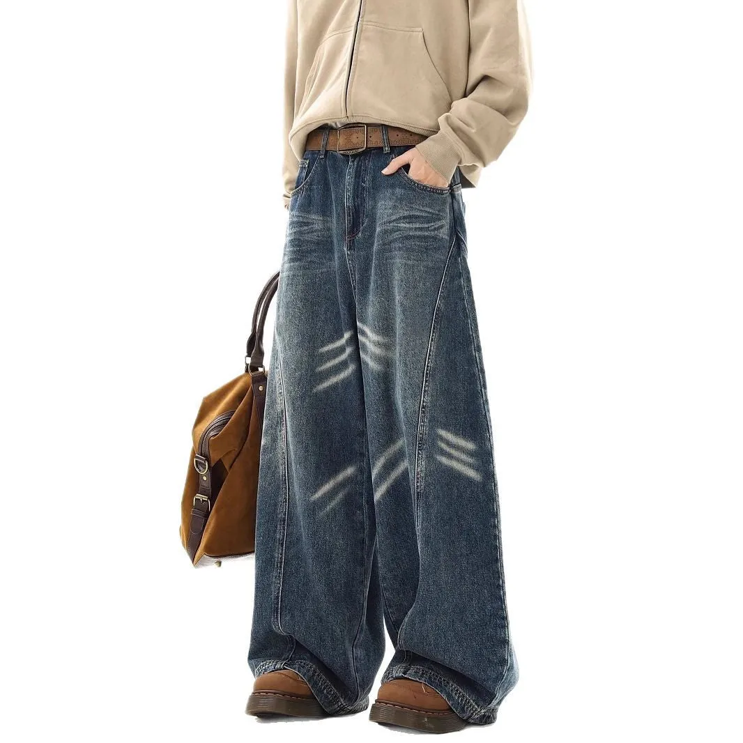 Loose Fit Straight Wide Leg Jeans for Men with Curved Knife Design