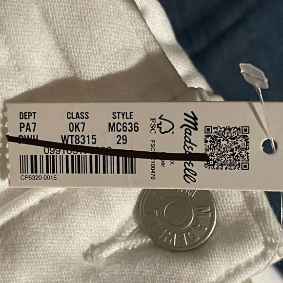 Madewell NWT Stovepipe Jeans Size 29 in Pure White High Rise