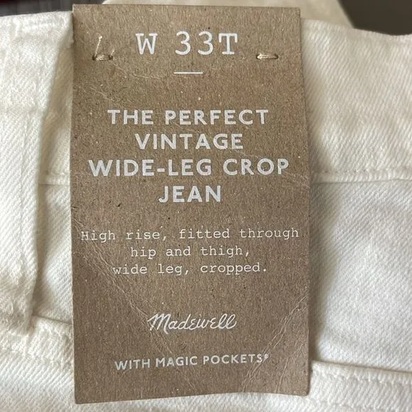 Madewell NWT The Tall Perfect Vintage Wide Leg Crop Jeans Size 33T in Tile White