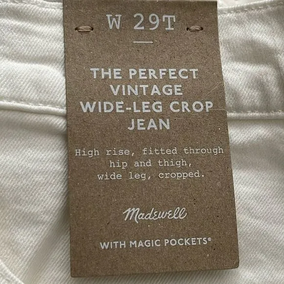 Madewell NWT White Tall Perfect Vintage Wide Leg Crop Jeans Size 29T High Rise