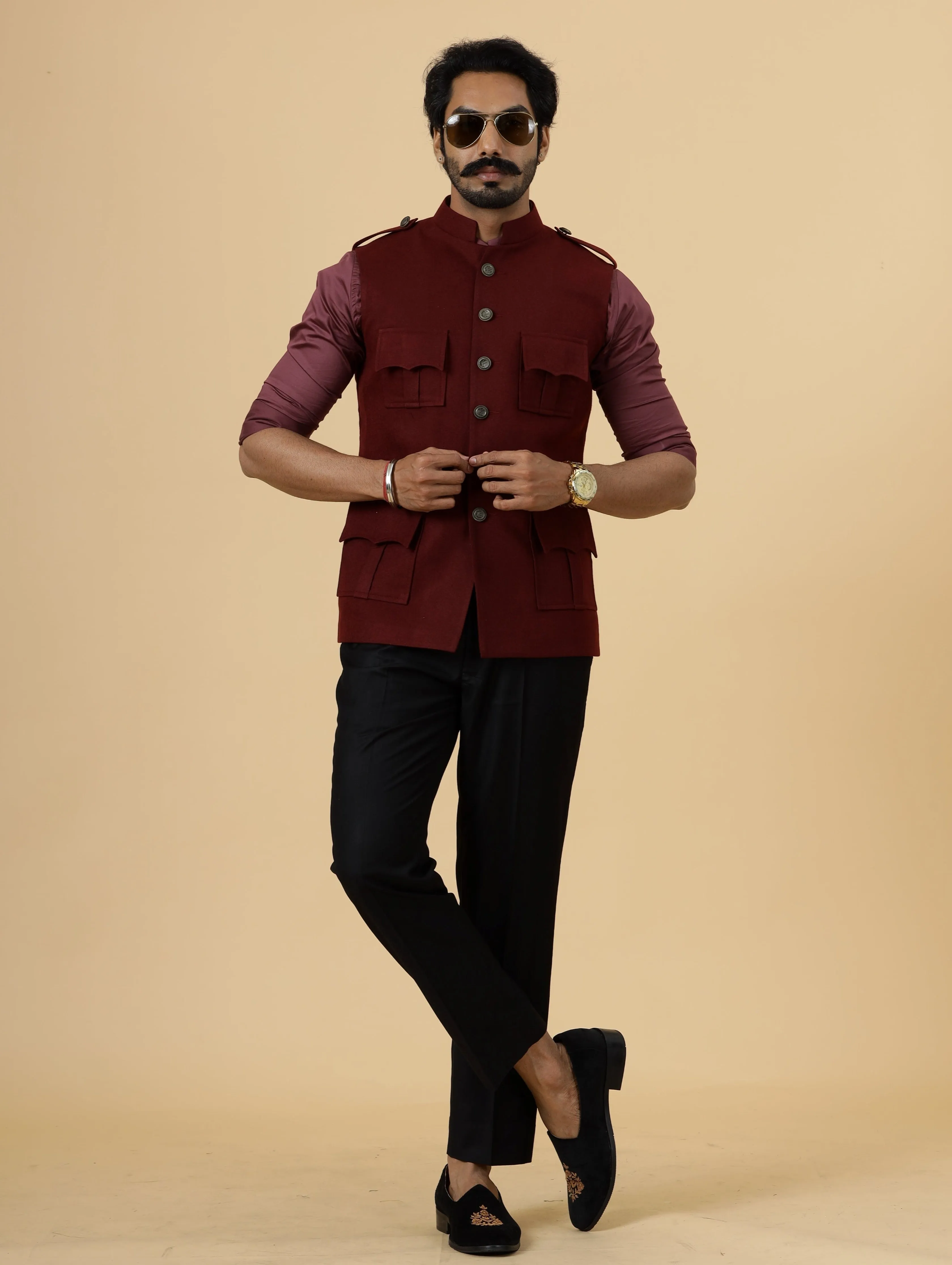 Maroon Tweed Semi-Hunting Rajputana Jacket