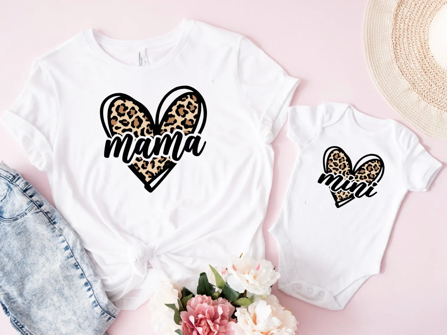 Matching Mini & Mama Mummy Personalised T-Shirt & Vest Leopard heart - White Only
