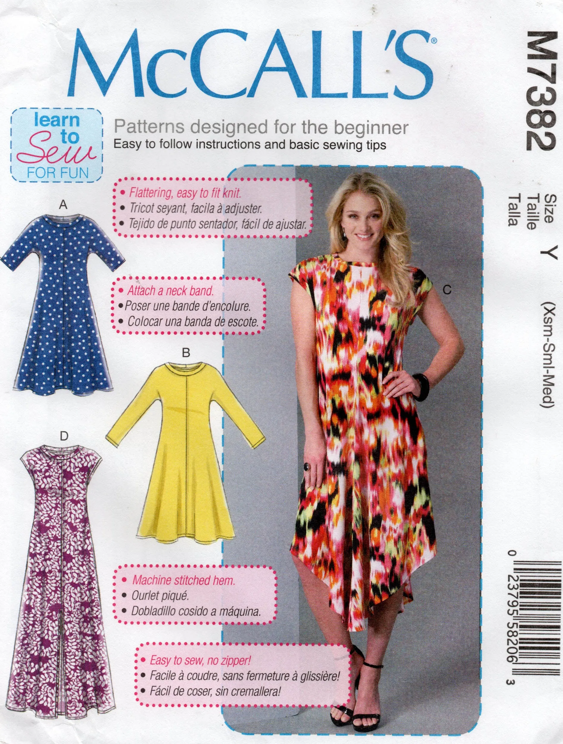 McCall's 7382 Womens EASY Pullover Stretch Knit Dress Out Of Print Sewing Pattern Size XS - M UNCUT Factory Folded