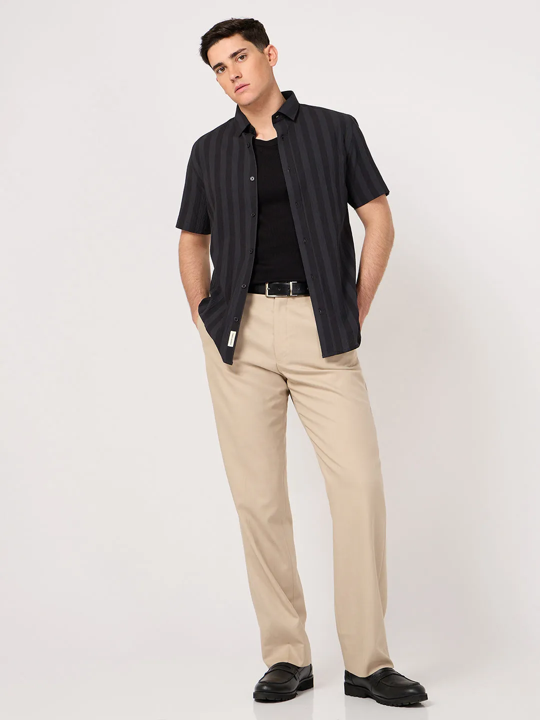 Men Striped Seersucker Cotton Half Sleeve Shirt