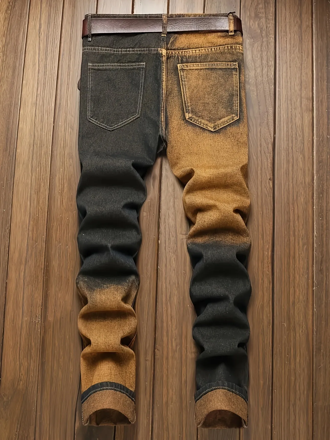 Men's Color Block Ripped Denim Jeans - Breathable, Slim-fit, Mid Waist