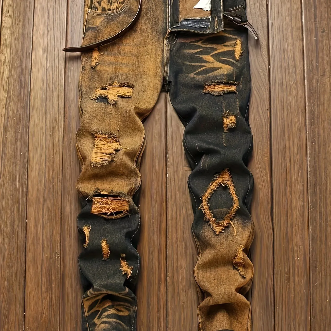 Men's Color Block Ripped Denim Jeans - Breathable, Slim-fit, Mid Waist