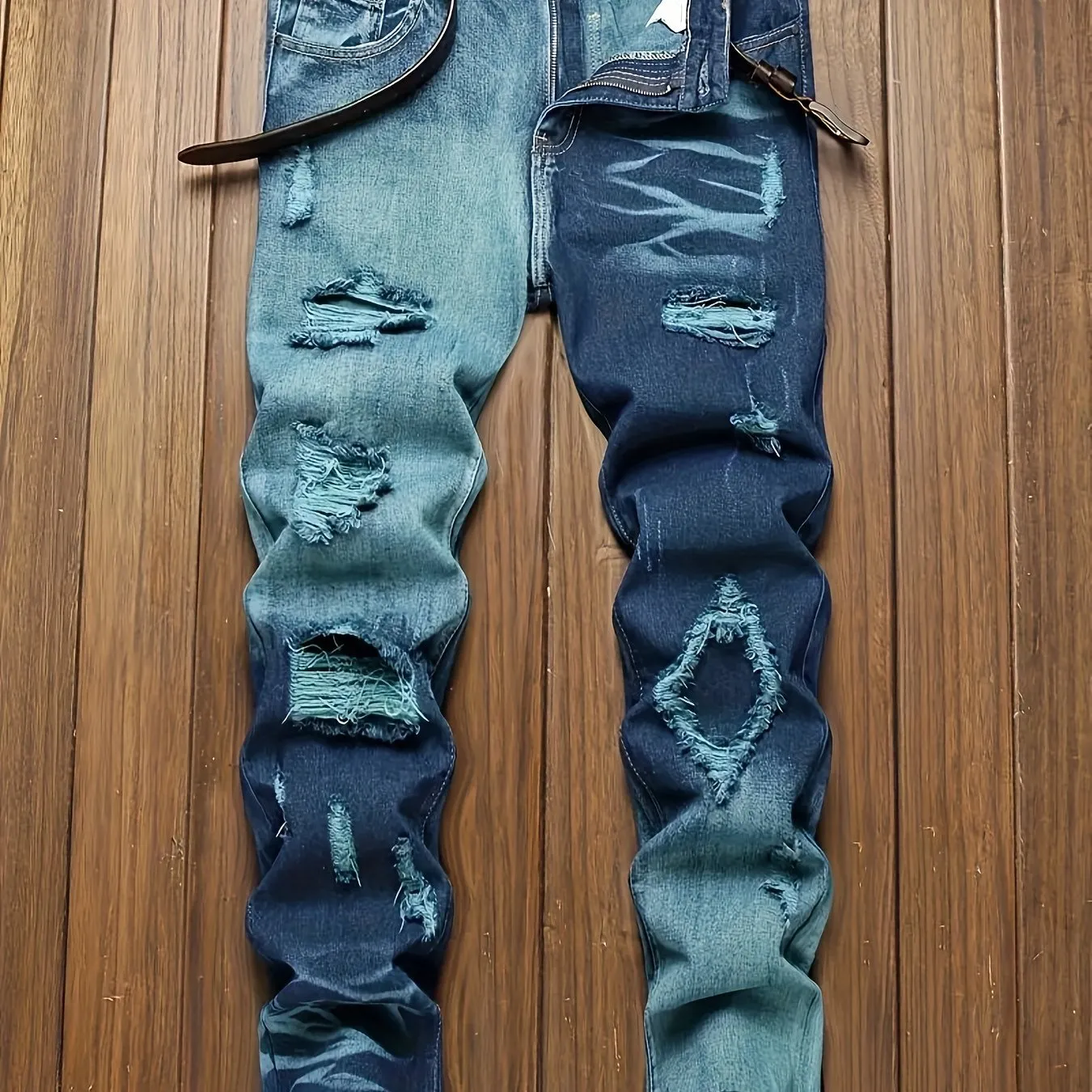 Men's Color Block Ripped Denim Jeans - Breathable, Slim-fit, Mid Waist