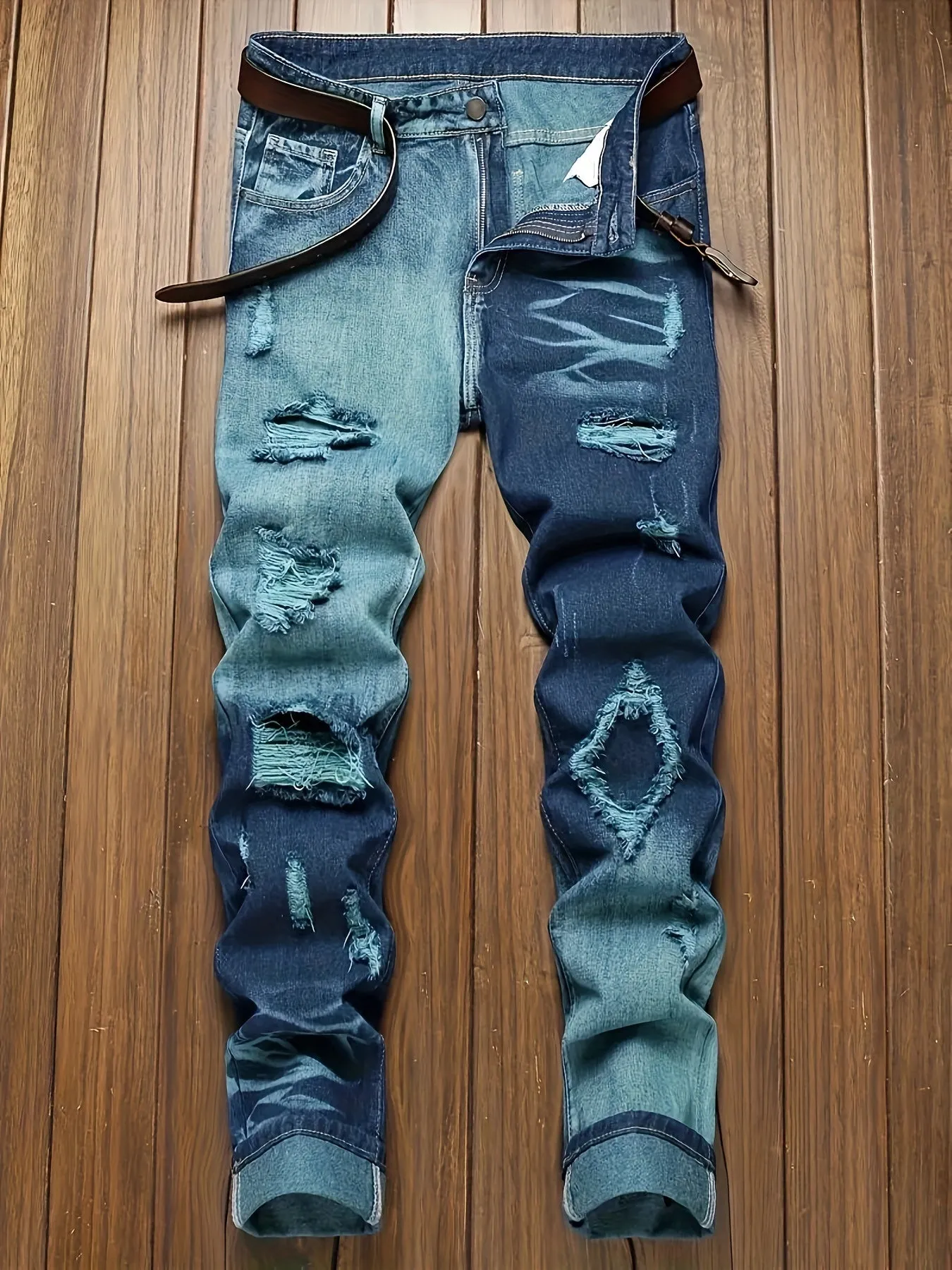 Men's Color Block Ripped Denim Jeans - Breathable, Slim-fit, Mid Waist