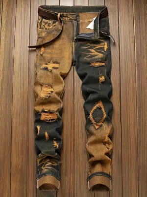 Men's Color Block Ripped Denim Jeans - Breathable, Slim-fit, Mid Waist