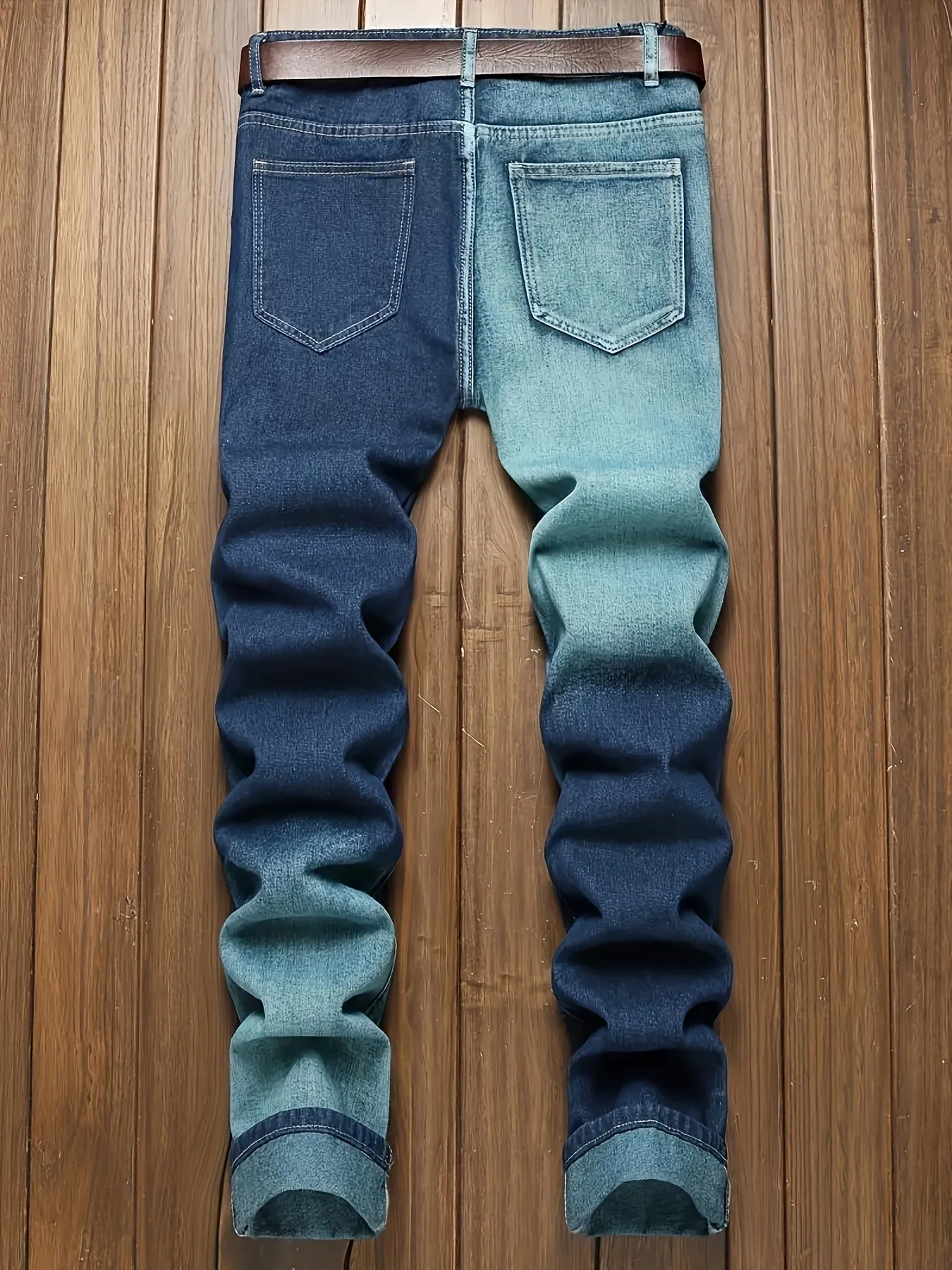 Men's Color Block Ripped Denim Jeans - Breathable, Slim-fit, Mid Waist