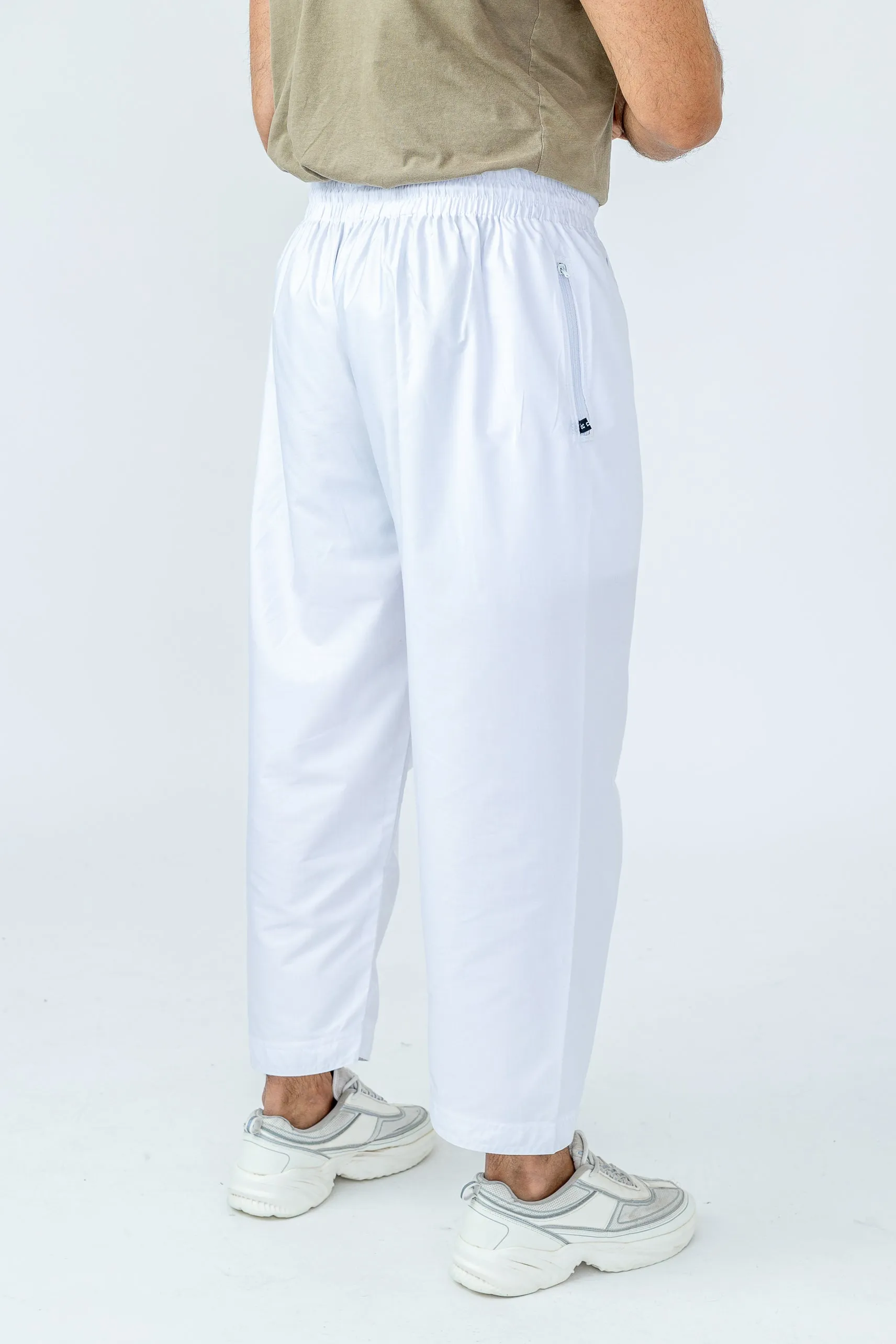 Mens Comfy White Trousers with Elastic Waist & Zip Pocket