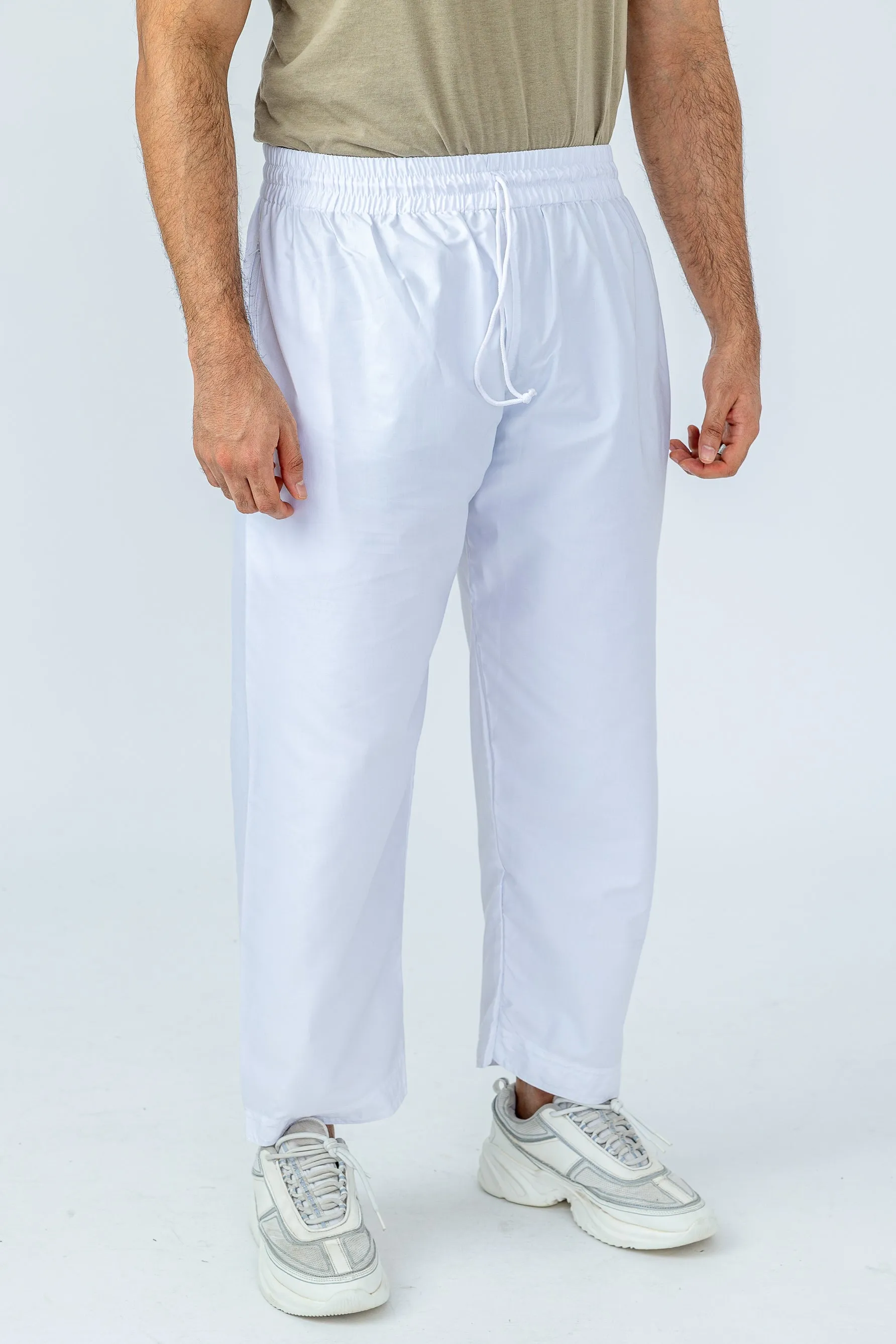 Mens Comfy White Trousers with Elastic Waist & Zip Pocket