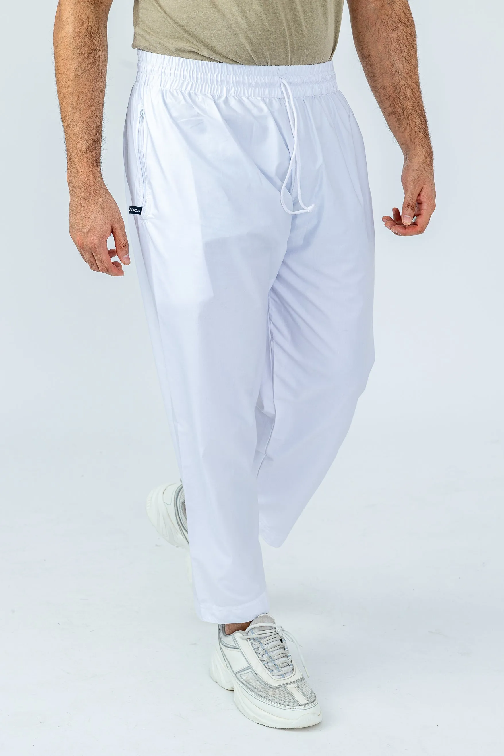 Mens Comfy White Trousers with Elastic Waist & Zip Pocket