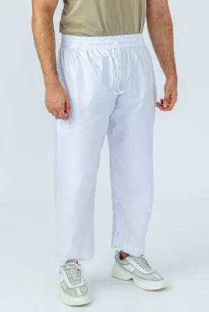 Mens Comfy White Trousers with Elastic Waist & Zip Pocket