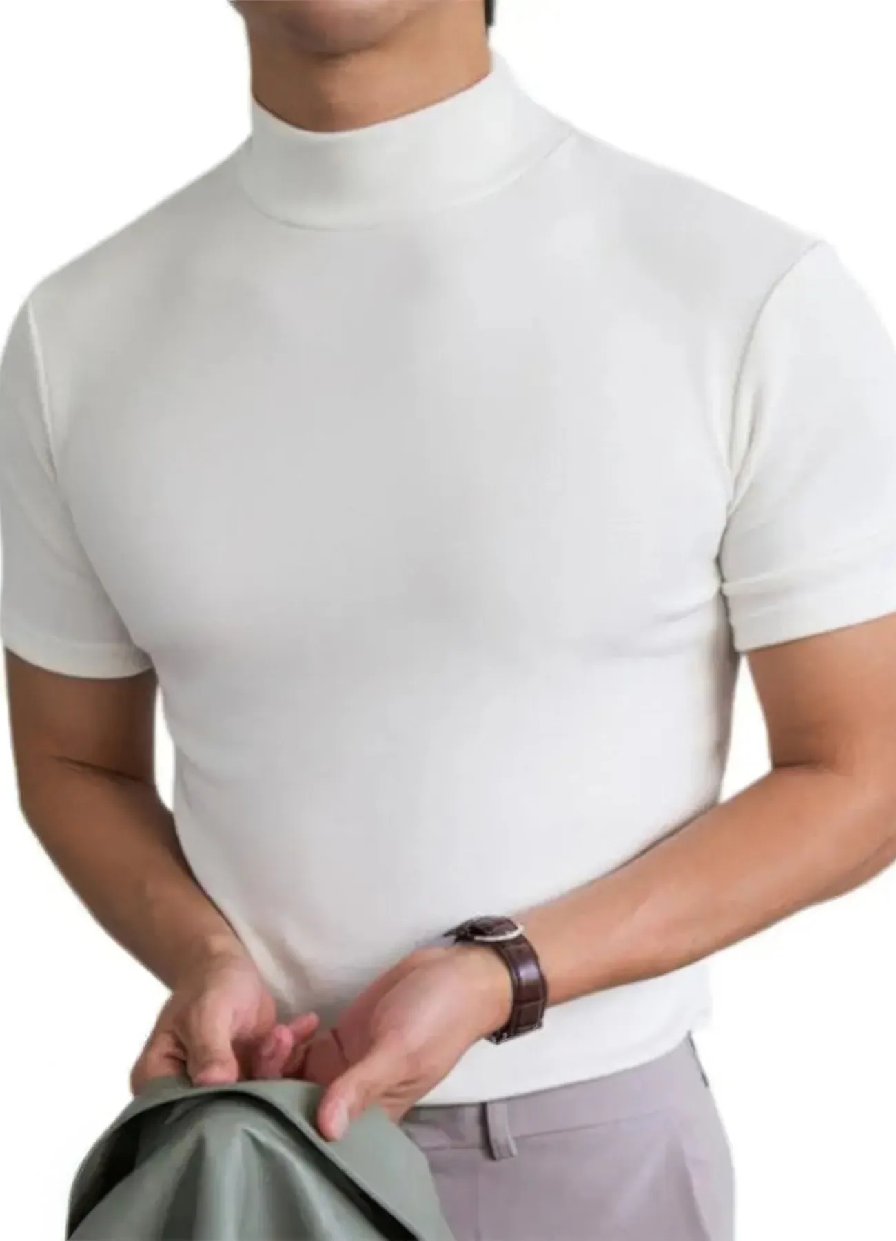 Men's short sleeve t-shirt trendy high neck everyday wear - modern lightweight knit top for casual outings