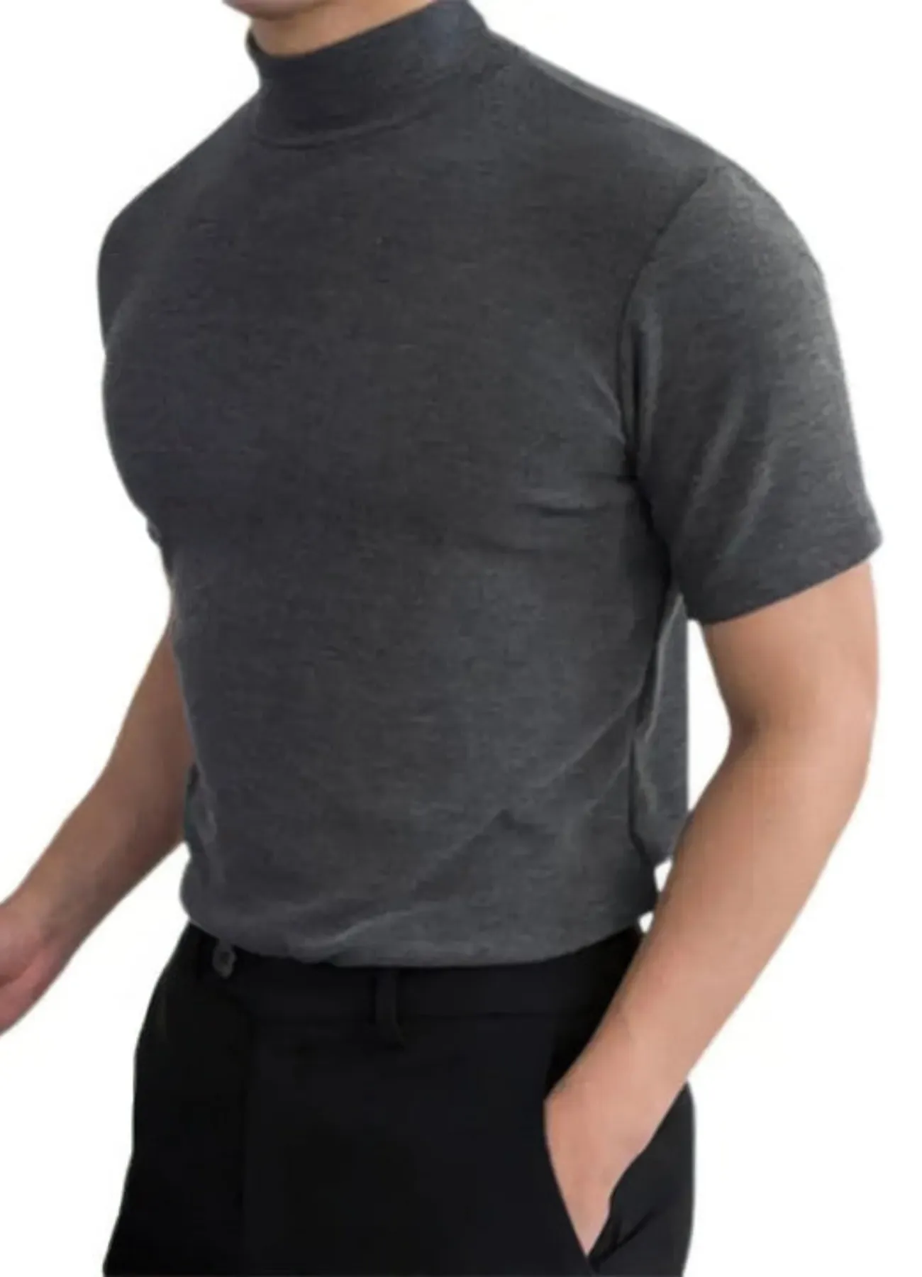Men's short sleeve t-shirt trendy high neck everyday wear - modern lightweight knit top for casual outings