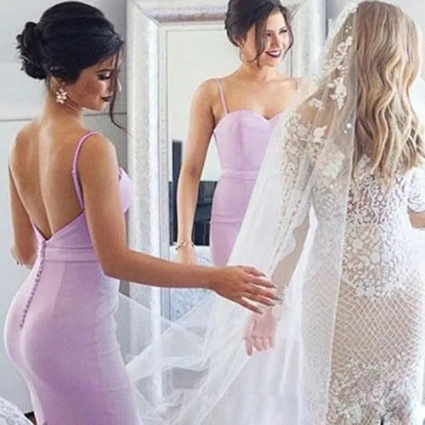 Mermaid Spaghetti Strap Long Cheap Lavender Satin Bridesmaid Dresses Online, QB0152
