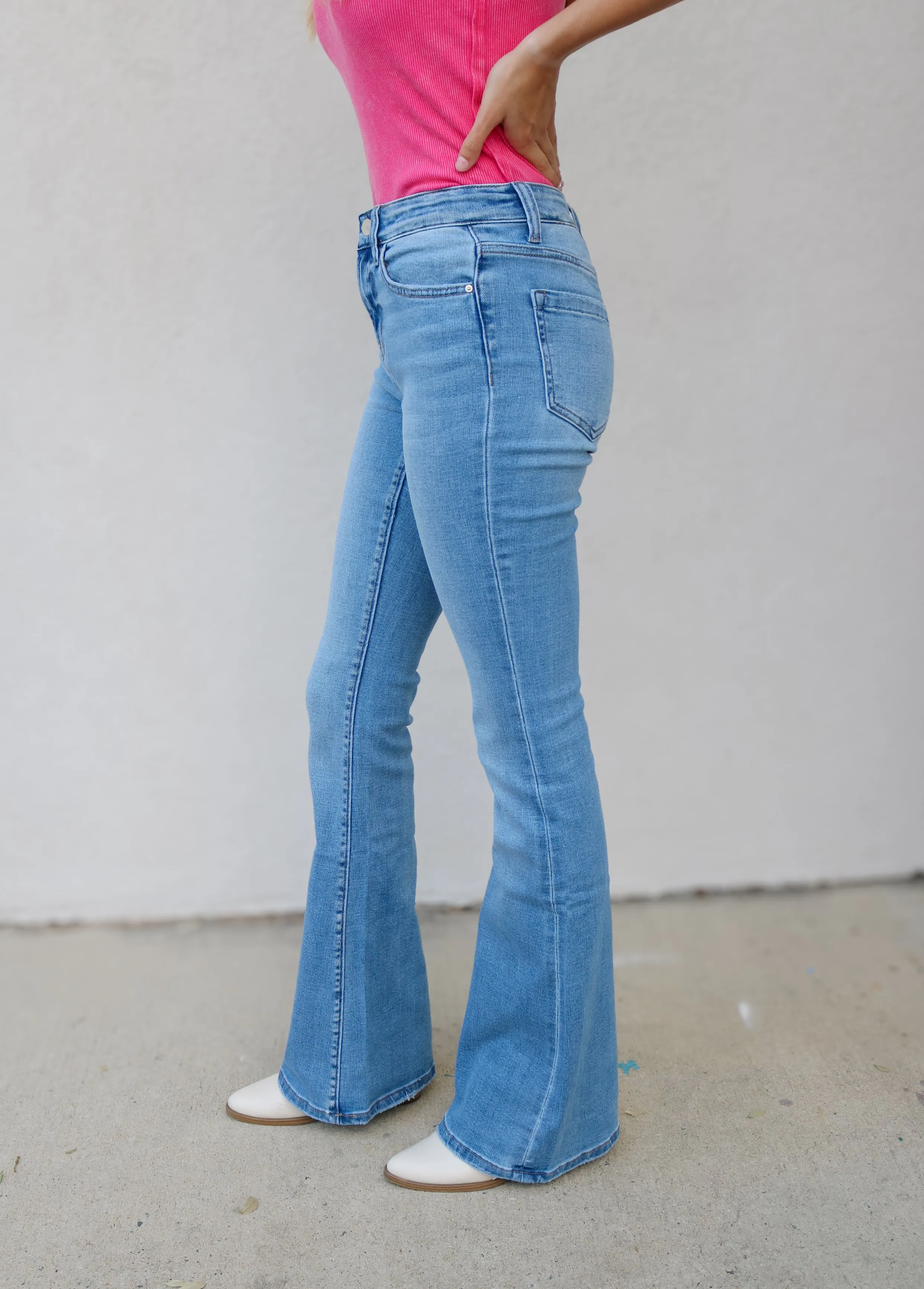 Mica Mid Rise Non Distressed Flares- Light Wash