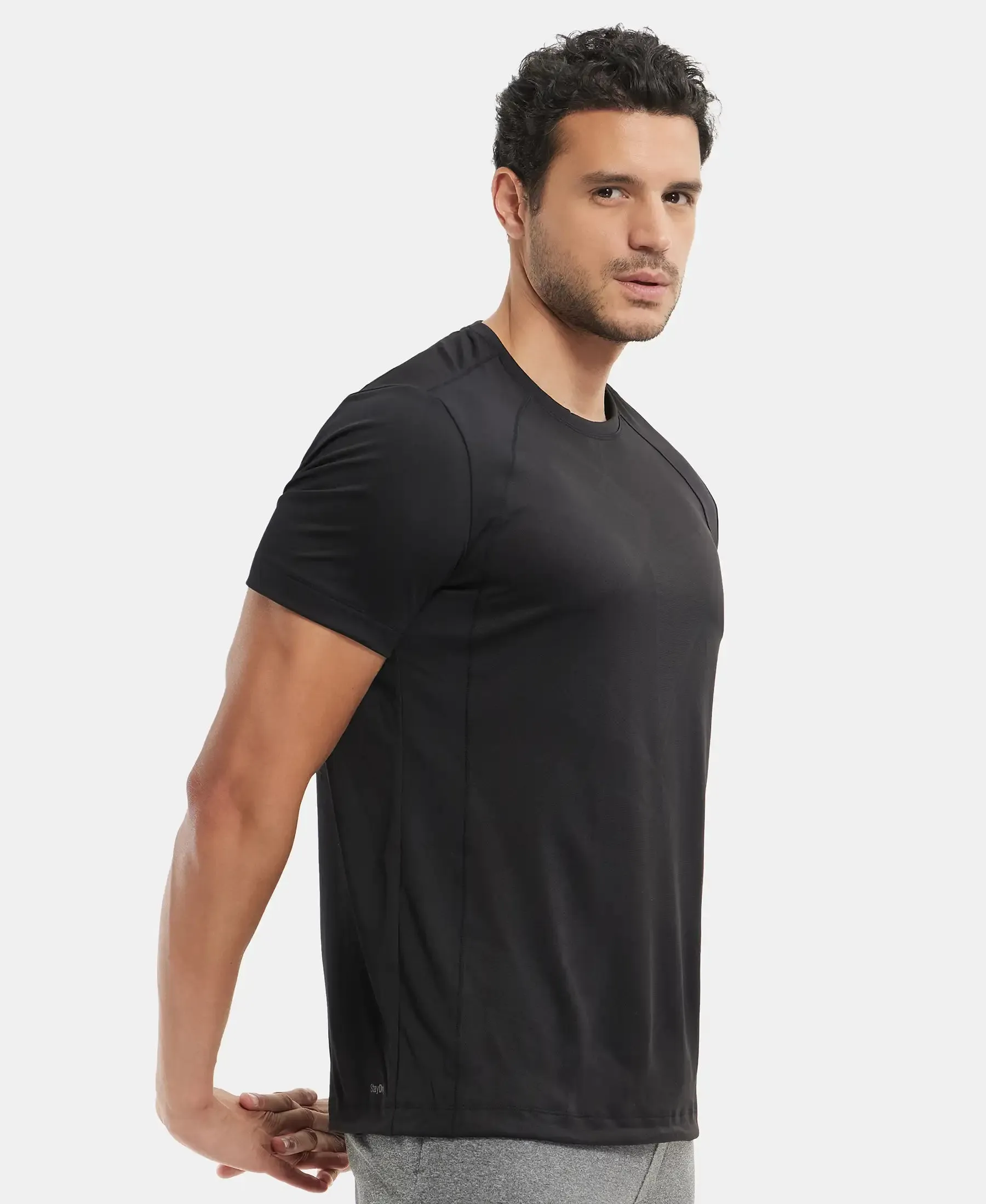 Microfiber Fabric Round Neck Half Sleeve T-Shirt with Breathable Mesh - Black